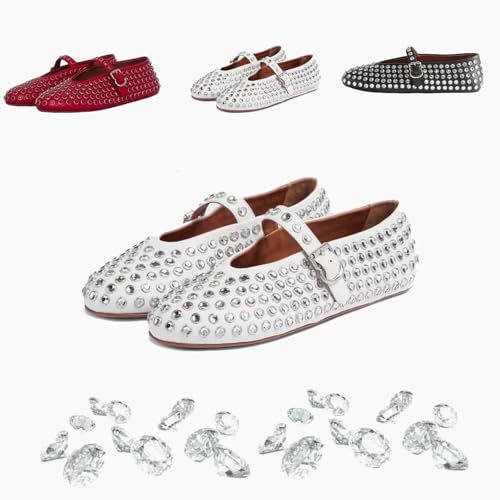 Ultrabequeme Ballerinas mit glänzendem Edelstein-Mesh, Ballerinas für Damen, Strasssteine, Mary Jane Ballerina, mit Kristallen besetzte Strass-Ballerinas (White,36EU) von WINDEHAO