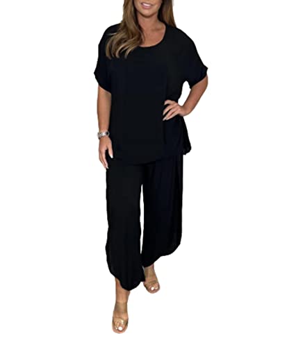 WINDEHAO 2-teiliger Hosenanzug mit Ärmeln für Frauen,Hosen mit lockeren,fließenden Ärmeln,Plus Size 5XL 2 Piece Solid Color Suit (Black,XXXL) von WINDEHAO