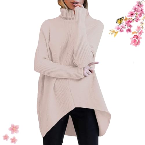 WINDEHAO Asymmetrischer drapierter Pullover für Damen, kurvige, asymmetrische Pullover, Rollkragenpullover, lockerer Pullover, Rollkragenpullover für Damen (Rosa, XL) von WINDEHAO