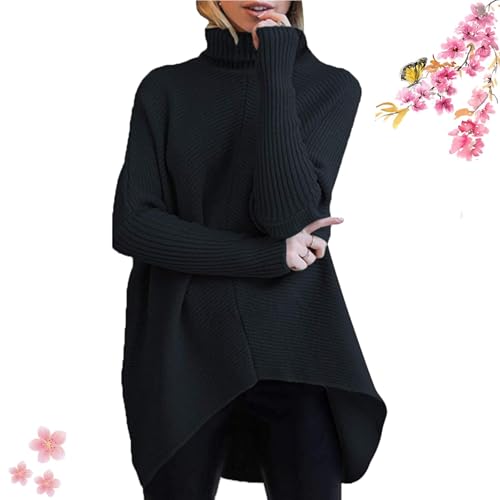 WINDEHAO Asymmetrischer drapierter Pullover für Damen, kurvige, asymmetrische Pullover, Rollkragenpullover, lockerer Pullover, Rollkragenpullover für Damen (Schwarz, L) von WINDEHAO