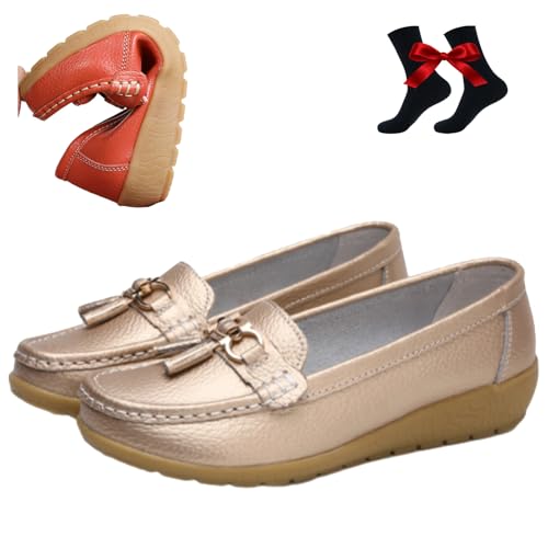 WINDEHAO Atmungsaktive Mokassins aus Leder für Damen, orthopädische Halbschuhe aus atmungsaktivem Leder, Flache, Bequeme, Elegante Fahrschuhe zum Reinschlüpfen (Gold,39EU) von WINDEHAO