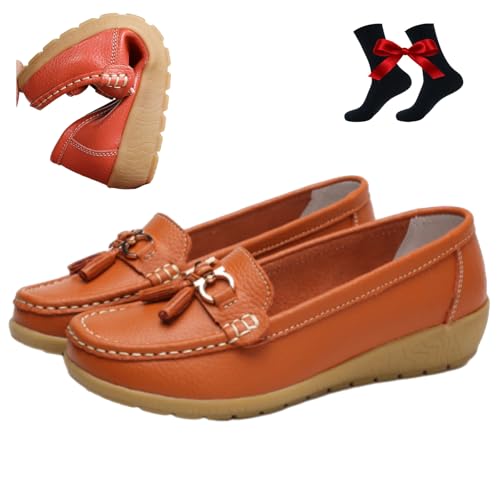 WINDEHAO Atmungsaktive Mokassins aus Leder für Damen, orthopädische Halbschuhe aus atmungsaktivem Leder, Flache, Bequeme, Elegante Fahrschuhe zum Reinschlüpfen (Orange,42EU) von WINDEHAO