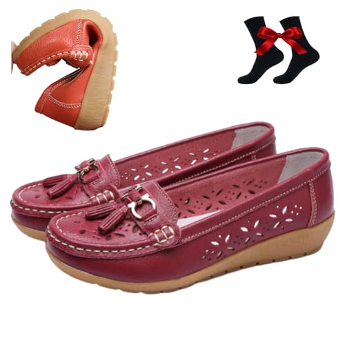 WINDEHAO Atmungsaktive Mokassins aus Leder für Damen, orthopädische Halbschuhe aus atmungsaktivem Leder, Flache, Bequeme, Elegante Fahrschuhe zum Reinschlüpfen (Wine red Hollow,39EU) von WINDEHAO