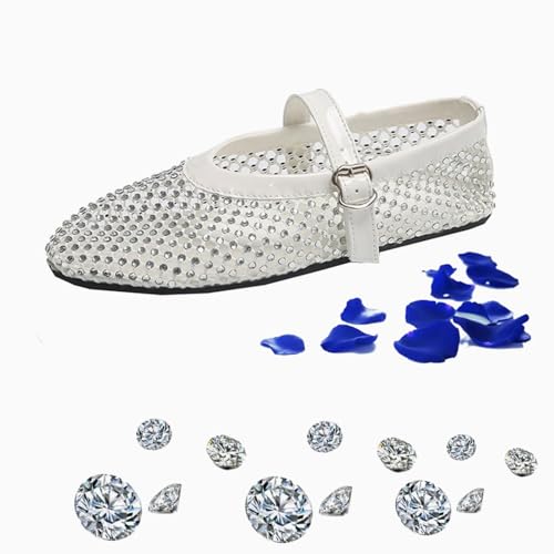 WINDEHAO Ballerinas mit Strass-Netzstoff für Damen, ultra-bequem, glänzend, Edelstein-Mesh-Ballerinas, Strass, Mary Jane, Ballerina (Weiß, 41 EU) von WINDEHAO