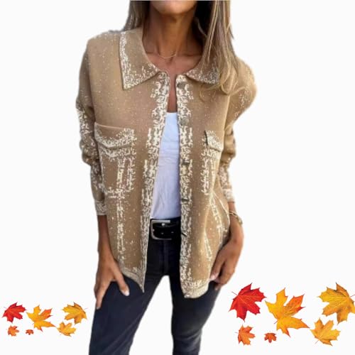 WINDEHAO Damen Gestrickte Revers Langarm Freizeitjacke Herbst Winter Trendy Langarm Jacke mit Taschen Metallschnalle Revers Jacke von WINDEHAO