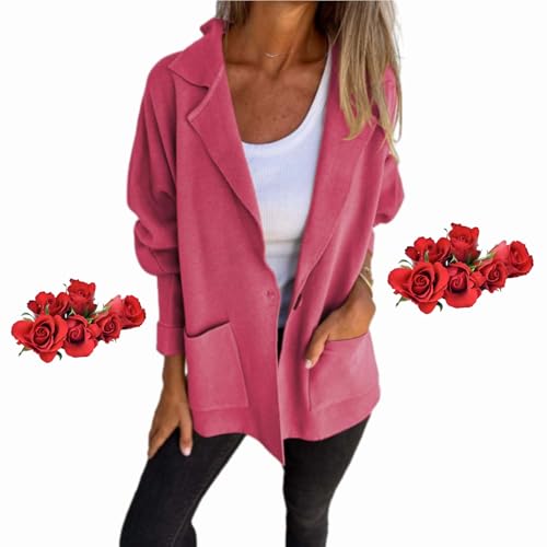 WINDEHAO Damen Herbst- und Winter-Revers, langärmelig, Freizeitjacke, 2024, lässige Revers-Taschen-Jacke mit Revers und langen Ärmeln (Rosa, XXXL) von WINDEHAO