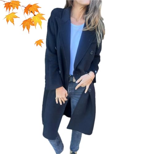 WINDEHAO Damen Herbst und Winter Revers Langarm Anzug Casual Jacke 2024 Casual Knopf Lange Einfarbig Tweed Jacke für Frauen von WINDEHAO