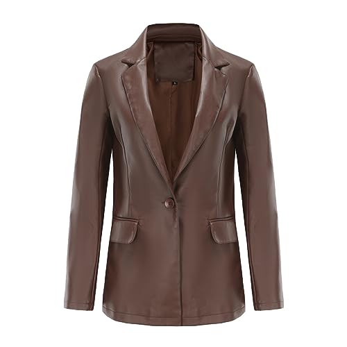 WINDEHAO Damen Langarm Lederjacke Kunstleder Blazer Revers Knopf unten Lederjacke Mantel mit Taschen Moto Biker Blazer (Coffee,EU(XXL)) von WINDEHAO