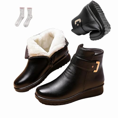 WINDEHAO Damen Metallschnalle Echtes Leder Wolle Orthopädische Stiefel Rutschfeste Warme Winter Samt Leder Stiefeletten für ältere Mama von WINDEHAO