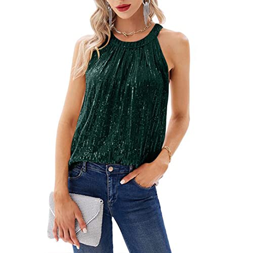 WINDEHAO Damen Pailletten Neckholder Tops Sexy Ärmellos Glitzer Club Party Camisole Glitzer Disco Sparkle Cami Top Blusen Sommer Tops (Grün, L) von WINDEHAO