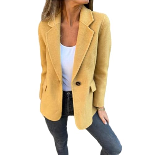 WINDEHAO Damen Revers Langarm Freizeitjacke 2024 Herbst Casual Tweed Jacken für Frauen Revers Knopf Falsche Tasche Blazer (Gelb, 4XL) von WINDEHAO