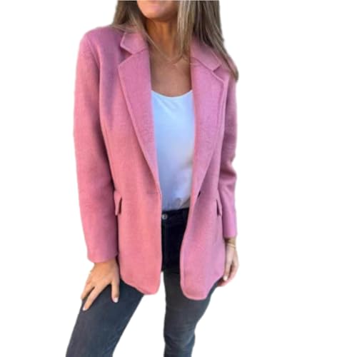 WINDEHAO Damen Revers Langarm Freizeitjacke 2024 Herbst Casual Tweed Jacken für Frauen Revers Knopf Falsche Tasche Blazer (Rosa, 5XL) von WINDEHAO