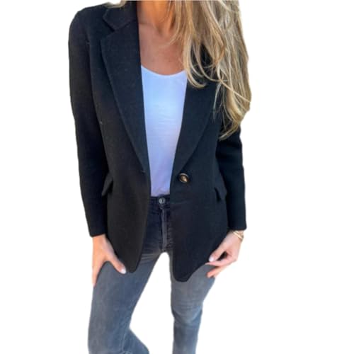 WINDEHAO Damen Revers Langarm Freizeitjacke 2024 Herbst Casual Tweed Jacken für Frauen Revers Knopf Falsche Tasche Blazer (Schwarz, XL) von WINDEHAO