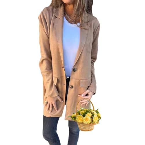 WINDEHAO Damen-Strickjacke mit Revers, langärmelig, lässig, lang, Wildlederjacken für Damen, Revers, langärmelig, vorne offen, Sweatshirt, Blazer (Khaki, L) von WINDEHAO