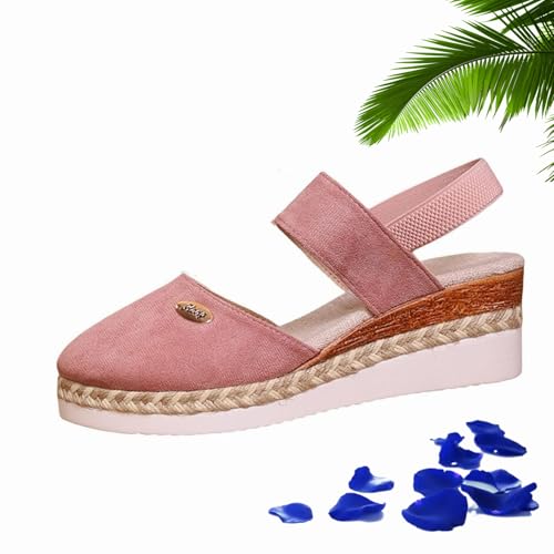 WINDEHAO Espadrilles Plateau-Keilsandalen für Damen, elastischer Knöchelriemen, Plateau-Keilsandalen, geschlossener Zehenbereich, Keilsandalen, Rosa, 37 EU von WINDEHAO