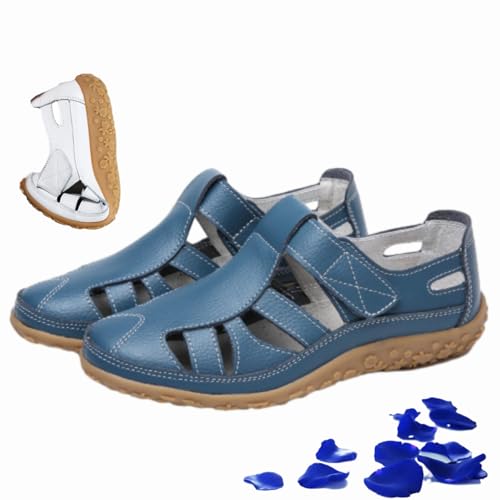 WINDEHAO Flache Damen-Sandalen aus echtem Leder, rutschfest, geschlossene Zehen, ausgehöhlt, weiches Leder, lässige Fahrschuhe, Sommerhalbschuhe (Hellblau, 40 EU) von WINDEHAO