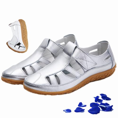 WINDEHAO Flache Damen-Sandalen aus echtem Leder, rutschfest, geschlossene Zehen, ausgehöhlt, weiches Leder, lässige Fahrschuhe, Sommerhalbschuhe (Silber, 40 EU) von WINDEHAO