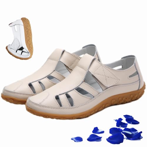 WINDEHAO Flache Damen-Sandalen im Retro-Stil, echtes Leder, rutschfeste Sandalen, geschlossene Zehen, ausgehöhlt, weiches Leder, lässige Fahrschuhe, Sommerhalbschuhe (Beige, 37 EU) von WINDEHAO