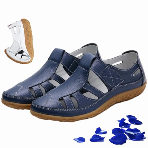 WINDEHAO Flache Damen-Sandalen im Retro-Stil, echtes Leder, rutschfeste Sandalen, geschlossene Zehen, ausgehöhlt, weiches Leder, lässige Fahrschuhe, Sommerhalbschuhe (Blau, 42 EU) von WINDEHAO