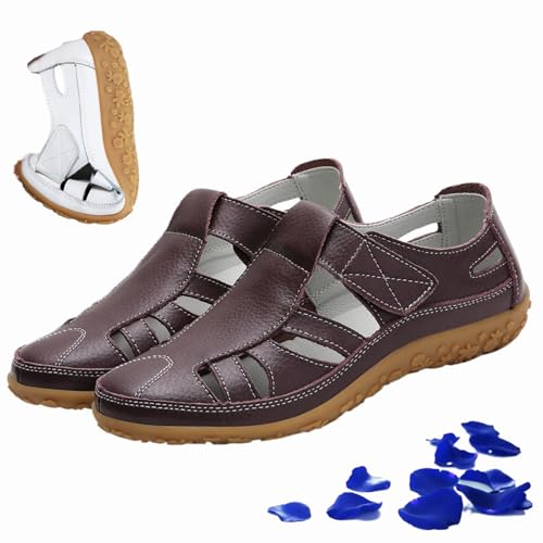 WINDEHAO Flache Damen-Sandalen im Retro-Stil, echtes Leder, rutschfeste Sandalen, geschlossene Zehen, ausgehöhlt, weiches Leder, lässige Fahrschuhe, Sommerhalbschuhe (Kaffee, 37 EU) von WINDEHAO