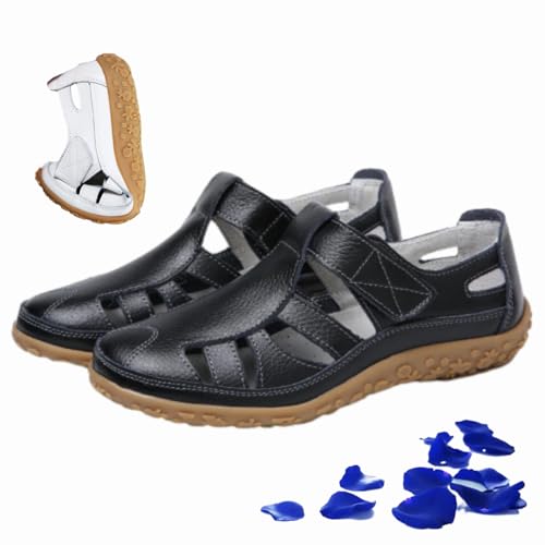 WINDEHAO Flache Damen-Sandalen im Retro-Stil, echtes Leder, rutschfeste Sandalen, geschlossene Zehen, ausgehöhlt, weiches Leder, lässige Fahrschuhe, Sommerhalbschuhe (Schwarz, 36 EU) von WINDEHAO