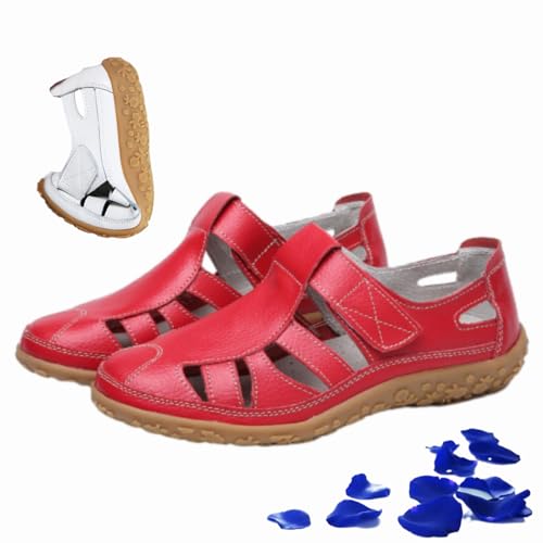 WINDEHAO Flache Damen-Sandalen im Retro-Stil, echtes Leder, rutschfeste Sandalen, geschlossene Zehen, ausgehöhlt, weiches Leder, lässige Fahrschuhe, Sommerhalbschuhe (rot, 40 EU) von WINDEHAO