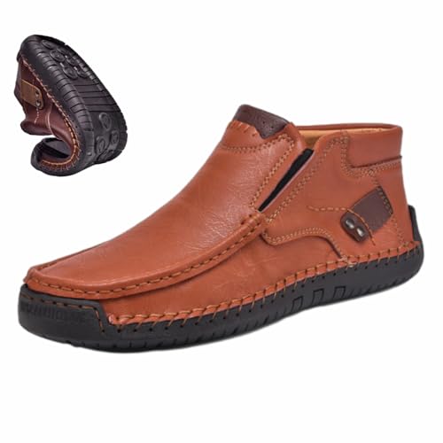 WINDEHAO Für Männer Casual Bogen Unterstützung rutschfeste Leder Slipper, Leder Business Mokassins Schuhe Zum Gehen Und Fahren Orthopädische Knöchelstiefel (Light Brown,47EU) von WINDEHAO