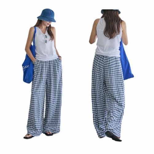 WINDEHAO Gingham-Hose für Damen, elastischer Bund, Baggy-Hose, Größe 6XL (100 kg), leger, weites Bein, kariert, für Arbeit und Lounge, Blau, Größe XXL von WINDEHAO