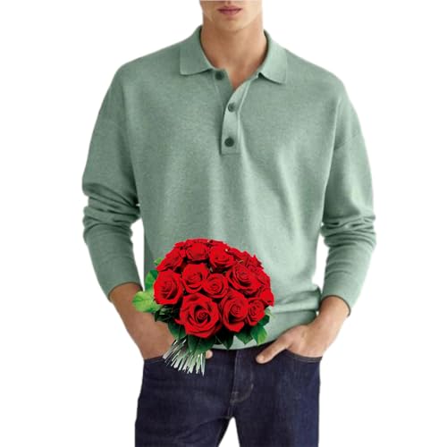 WINDEHAO Herren-Poloshirt, lässig, lockeres Revers, langärmelig, 1/4-Knopf-Kragen, lässiges Golf-Shirt, leicht, bequem, Pullover, Sweatshirt (Grün, L) von WINDEHAO