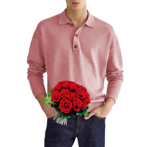 WINDEHAO Herren-Poloshirt mit lockerem Revers, langärmelig, Kragen mit 1/4-Knopf-Kragen, lässiges Golf-Shirt, leicht, bequem, Pullover, Sweatshirt (Rosa, XXL) von WINDEHAO