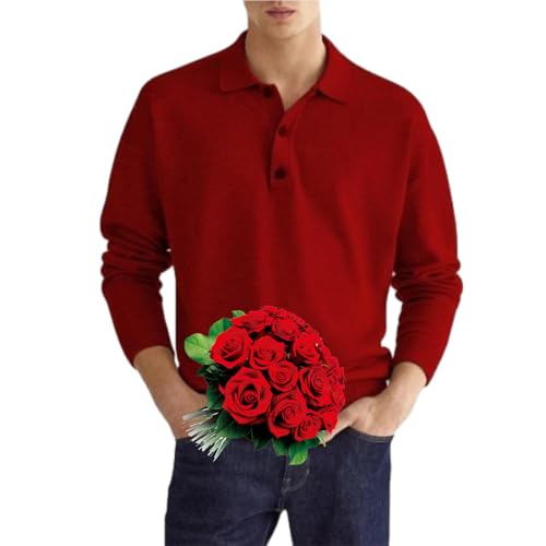 WINDEHAO Herren-Poloshirt mit lockerem Revers, langärmelig, Kragen mit 1/4-Knopf-Kragen, lässiges Golf-Shirt, leicht, bequem, Pullover, Sweatshirt (Rot, XXL) von WINDEHAO