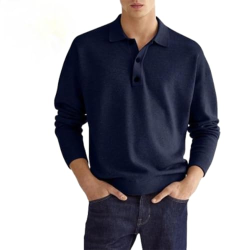 WINDEHAO Interprek Langarm-Poloshirts für Herren, lässig, lockeres Revers, langärmelig, Golf-Poloshirt, Knopfkragen, Langarm-Sweatshirt (Marineblau, XXL) von WINDEHAO