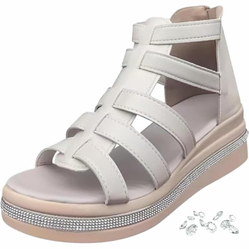 WINDEHAO Keilsandalen mit Strass-Dekor, Gladiator-Sandalen für Damen, schwarz, Fischer-Sandalen, Leder, Plateau-Keil, orthopädische Sandalen (Beige, 43 EU) von WINDEHAO