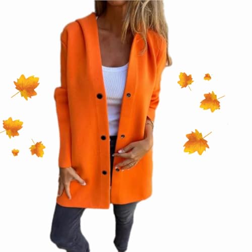 WINDEHAO Lässige einreihige Kapuzenjacke, Trenchcoat für Damen, 2024, einreihig, lang, dick, einfarbig, einreihige Jacke (Orange, Größe 4XL) von WINDEHAO