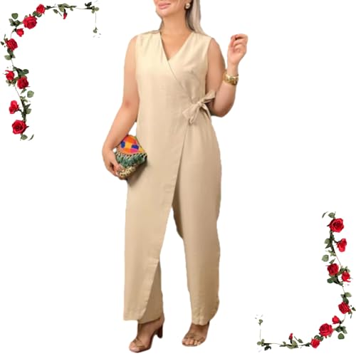 WINDEHAO Lässiger Jumpsuit mit V-Ausschnitt und überkreuzten Trägern für Damen, Elegante Strampler-Outfits in Übergröße, ärmelloser Jumpsuit mit V-Ausschnitt und Gürtel und weitem (Apricot,XL) von WINDEHAO