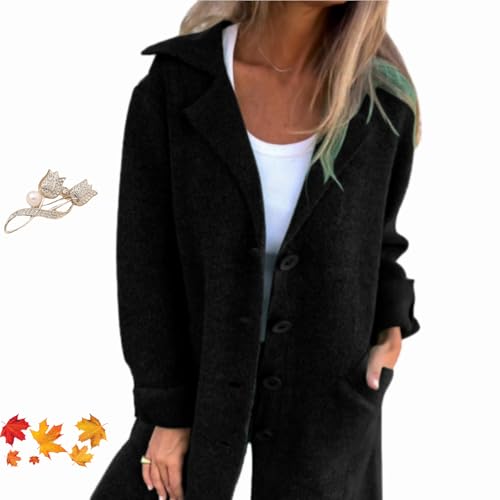 WINDEHAO Lässiger Revers Einreiher Langer Mantel 2024 Damen Vintage Revers Kragen Mantel Mid-Long Casual Pea Coat Trenchcoats für Frauen von WINDEHAO