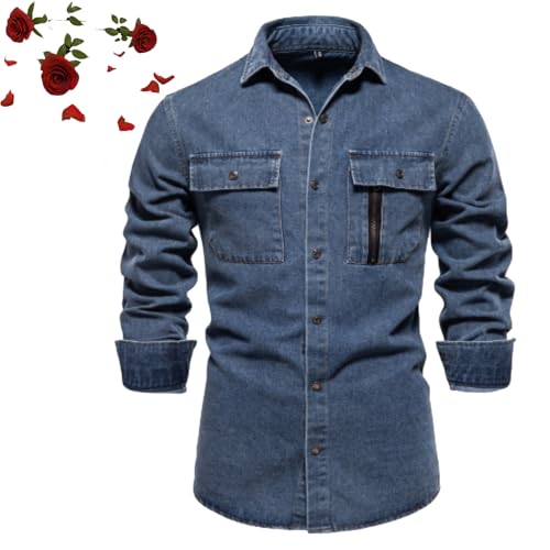 WINDEHAO Langärmeliges Jeanshemd für Herren, Western-Jeans, Button-Down-Shirt, lässig, gewaschene Jeans, Baumwollhemd mit Brusttaschen von WINDEHAO