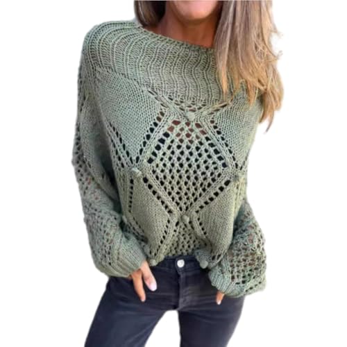 WINDEHAO Langärmeliges Strickoberteil mit Rundhalsausschnitt, hohlem Design, Häkelpullover für Damen, lässig, lockerer Pullover (Grün, 3XL) von WINDEHAO