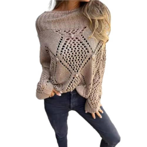 WINDEHAO Langärmeliges Strickoberteil mit Rundhalsausschnitt, hohles Design, Häkelpullover für Damen, lässig, lockerer Pullover (Khaki, L) von WINDEHAO