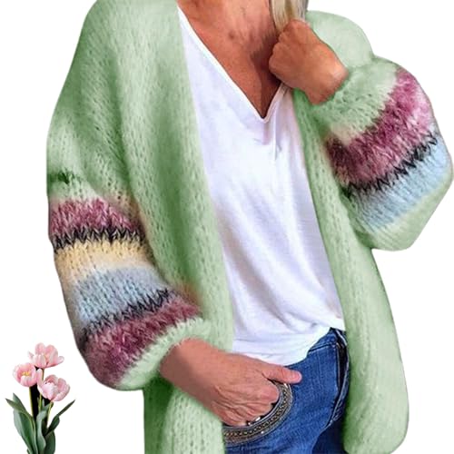 WINDEHAO Mohair-Cardigan-Pullover für Damen, Mohair-Strickjacke, warm, offene Vorderseite, gestreifte Strickjacken für Damen, Grün, Größe M von WINDEHAO