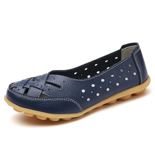 WINDEHAO Orthopädische Loafer aus atmungsaktivem Leder, Damen-Slipper aus Rindsleder, flache Sandalen, leger, runder Zehenbereich, Mokassins, flache Schuhe (Dunkelblau, Größe 38) von WINDEHAO