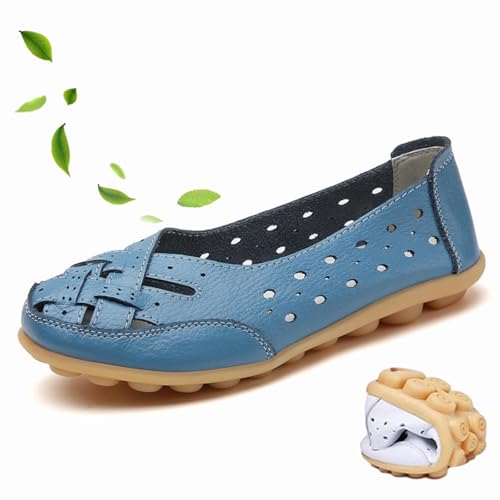 WINDEHAO Orthopädische Loafer aus atmungsaktivem Leder, geschlossene Zehensandalen für Damen, Rindsleder, Loafer, lässige Mokassins, Fahrschuhe, Blau, Größe 41 EU von WINDEHAO