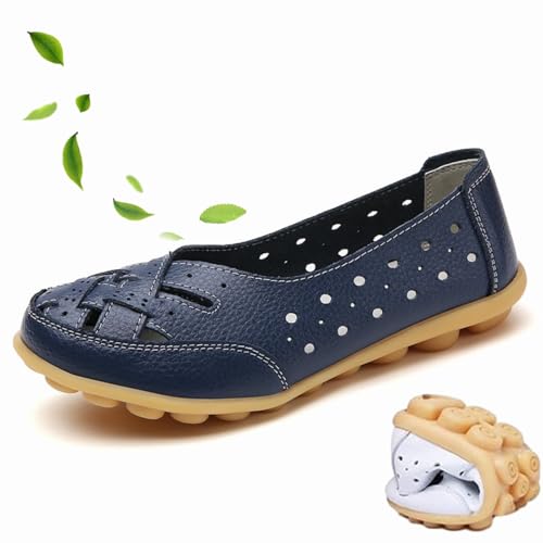 WINDEHAO Orthopädische Loafer aus atmungsaktivem Leder, geschlossene Zehensandalen für Damen, Rindsleder, Loafer, lässige Mokassins, Fahrschuhe, Dunkelblau, Größe 37 EU von WINDEHAO