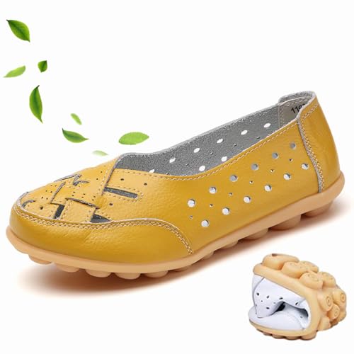 WINDEHAO Orthopädische Loafer aus atmungsaktivem Leder, geschlossene Zehensandalen für Damen, Rindsleder, Loafer, lässige Mokassins, Fahrschuhe, Gelb, Größe 36 EU von WINDEHAO