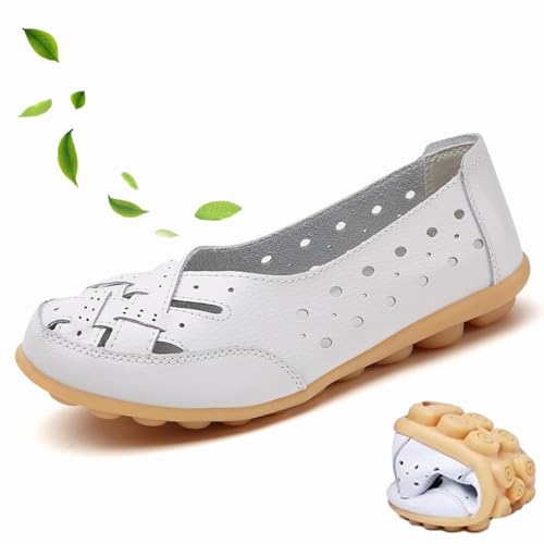 WINDEHAO Orthopädische Loafer aus atmungsaktivem Leder, geschlossene Zehensandalen für Damen, Rindsleder, Loafer, lässige Mokassins, Fahrschuhe, Weiß, Größe 44 EU von WINDEHAO