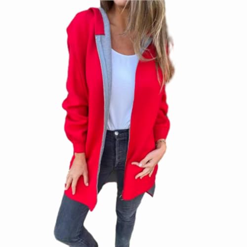 WINDEHAO Rundhalsausschnitt, Reißverschluss, langärmelig, Freizeitjacke, Reißverschluss, langärmelig, Kapuzenjacke, Farbblockierung, mit Reißverschluss, Sweatshirt-Jacke (Rot, Größe 4XL) von WINDEHAO