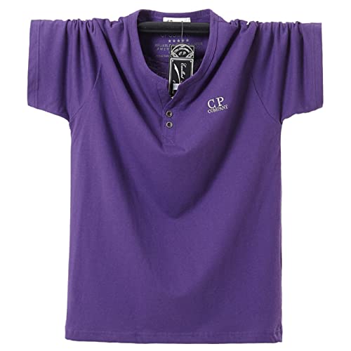 WINDEHAO Sommer Herren Übergröße 8XL T-Shirt Übergröße Big Fat Sport Pullover Einfarbig Kurzarm Baumwolle V-Ausschnitt Shirt (Lila, 5XL) von WINDEHAO