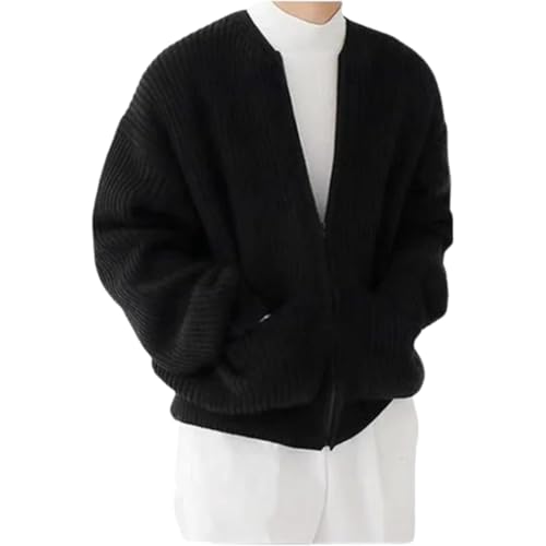 WINDEHAO Trendige Strickjacke für Herren, Übergröße, 5XL, Reißverschluss, locker, lässig, einfarbig, Strickjacke, Pullover, Herbst-Strickjacke (Schwarz, Größe 4XL) von WINDEHAO