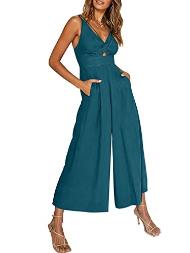 WINDEHAO V Neck Cutout High-Waist Jumpsuits Women's Summer Wide Leg Jumpsuits V Neck Sleeveless Cutout High Waist Rompers (Lake Blue,XXL) von WINDEHAO