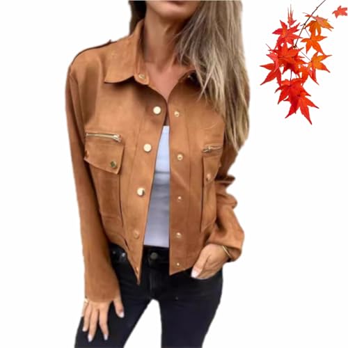 WINDEHAO Wildlederimitat-Jacke – Reverskragen, langärmelige Oberbekleidung, Herbst, Metall-Reißverschluss, Tasche, braunes Wildleder, Biker-Motorradjacke, kurze Jacke (Braun, Größe 3XL) von WINDEHAO